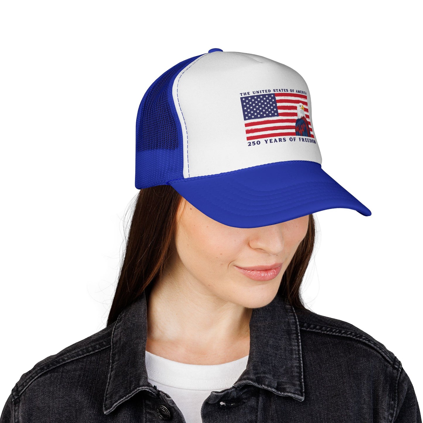Patriotic Trucker Cap - American Flag & Bald Eagle, "250 Years of Freedom"