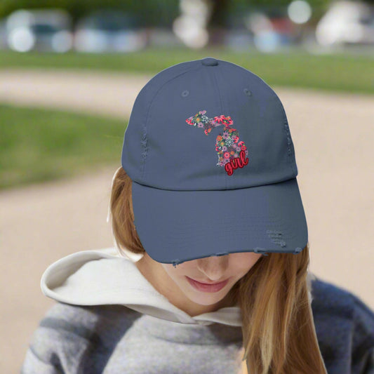 Show off your love for Michigan with this distressed cap adorned with charming florals - a must-have accessory!