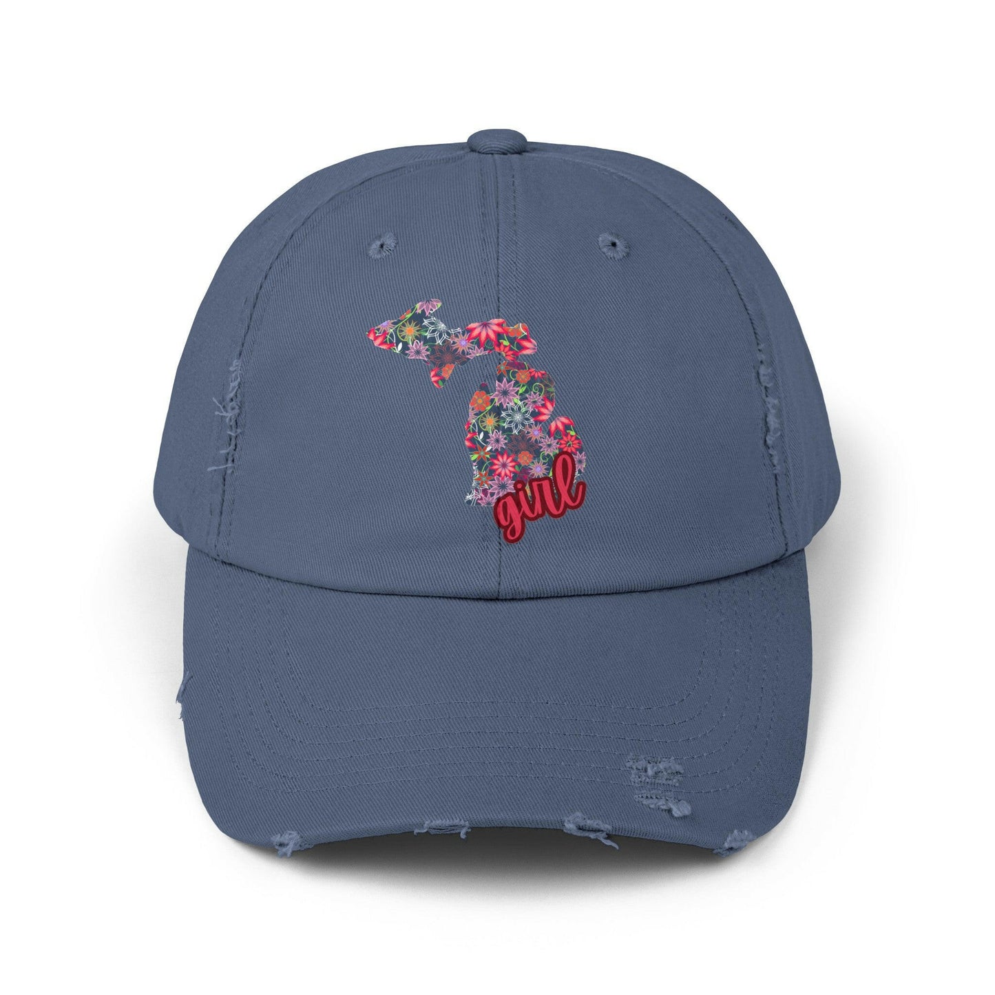 Show off your love for Michigan with this distressed cap adorned with charming florals - a must-have accessory!