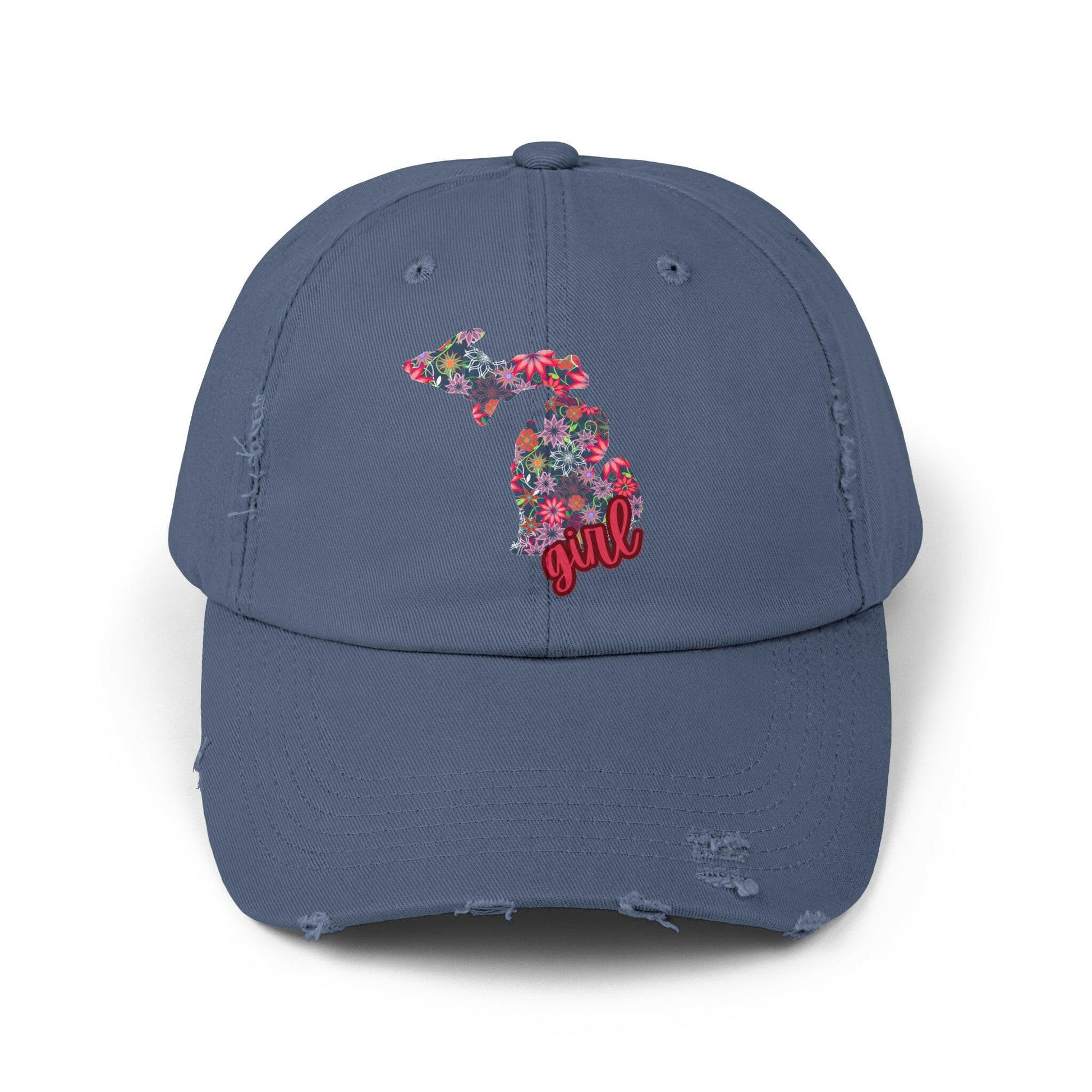 Show off your love for Michigan with this distressed cap adorned with charming florals - a must-have accessory!