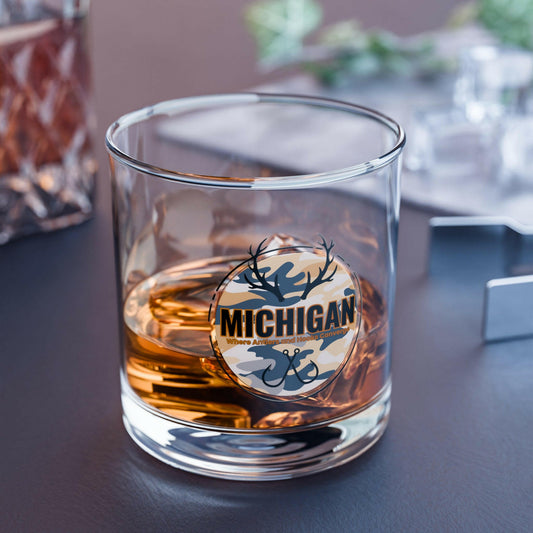 Michigan Antler & Hook Rocks Glass, 10oz