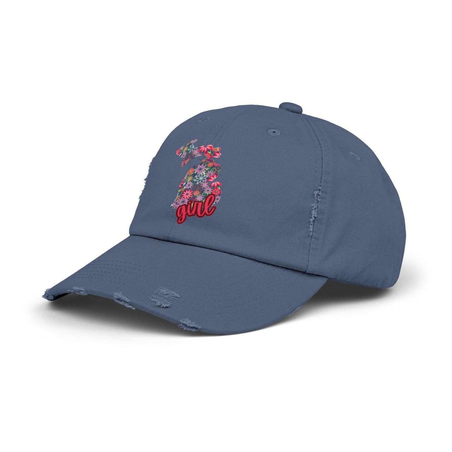 Show off your love for Michigan with this distressed cap adorned with charming florals - a must-have accessory!