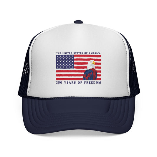 Patriotic Trucker Cap - American Flag & Bald Eagle, "250 Years of Freedom"