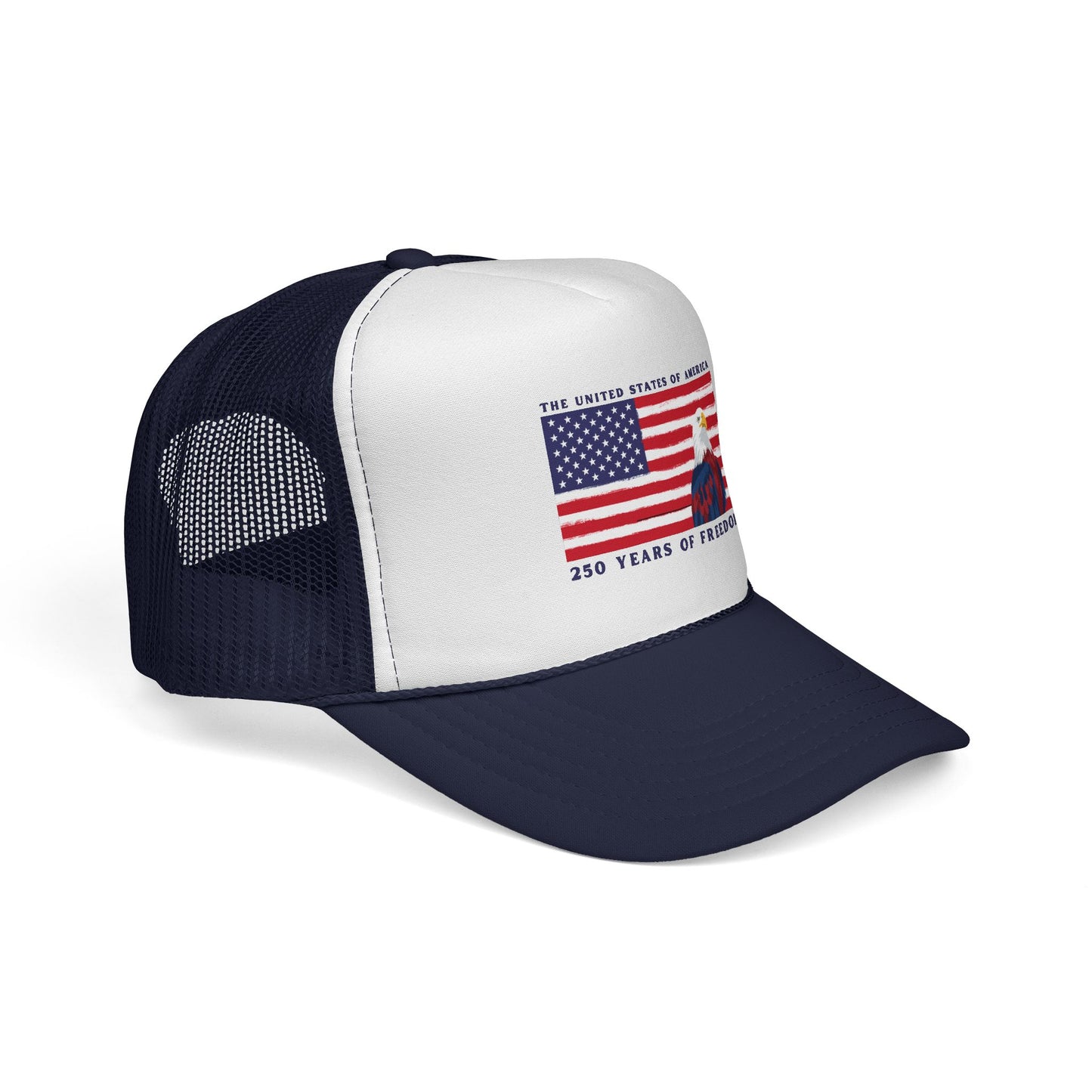 Patriotic Trucker Cap - American Flag & Bald Eagle, "250 Years of Freedom"