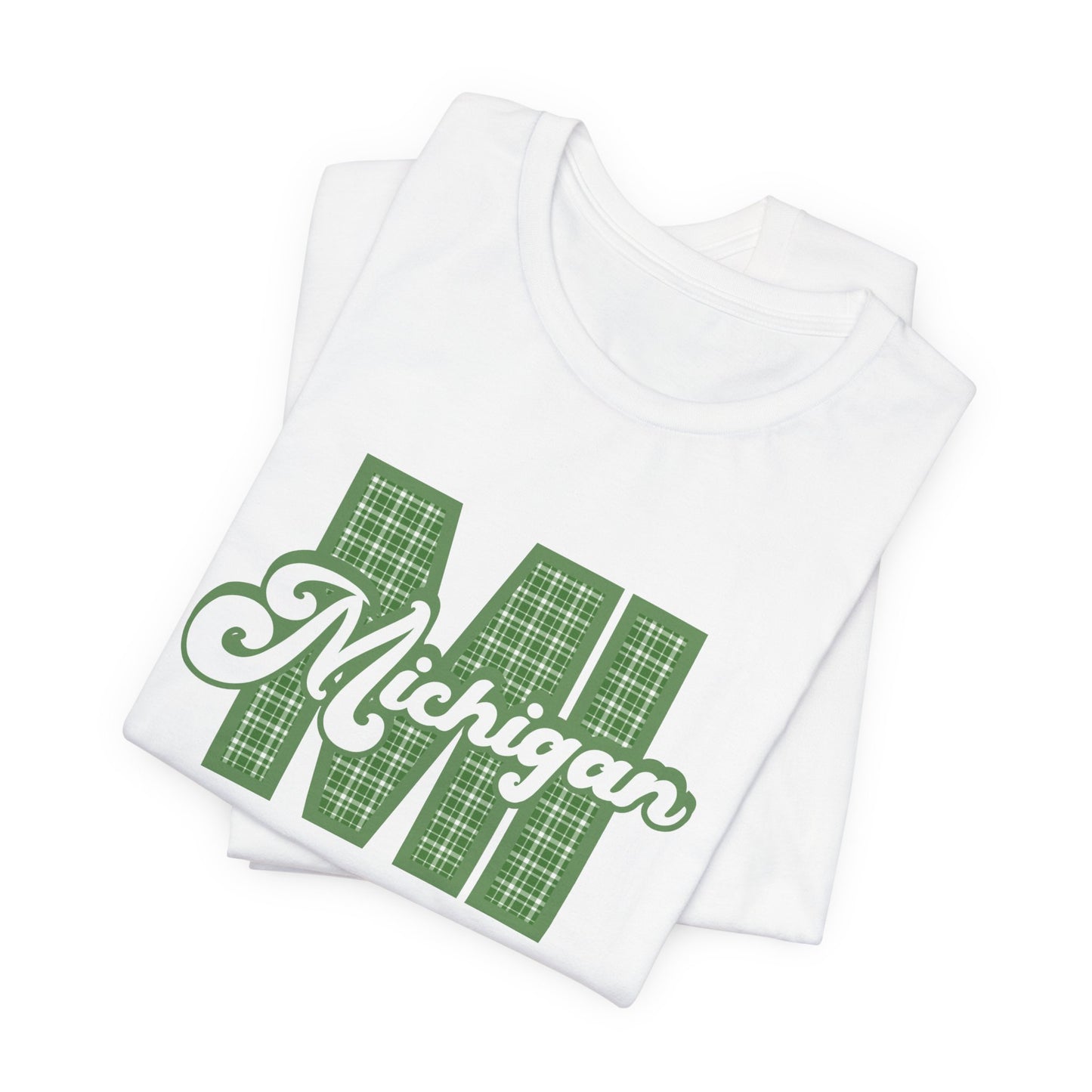 "MI" Plaid Michigan Script Tee