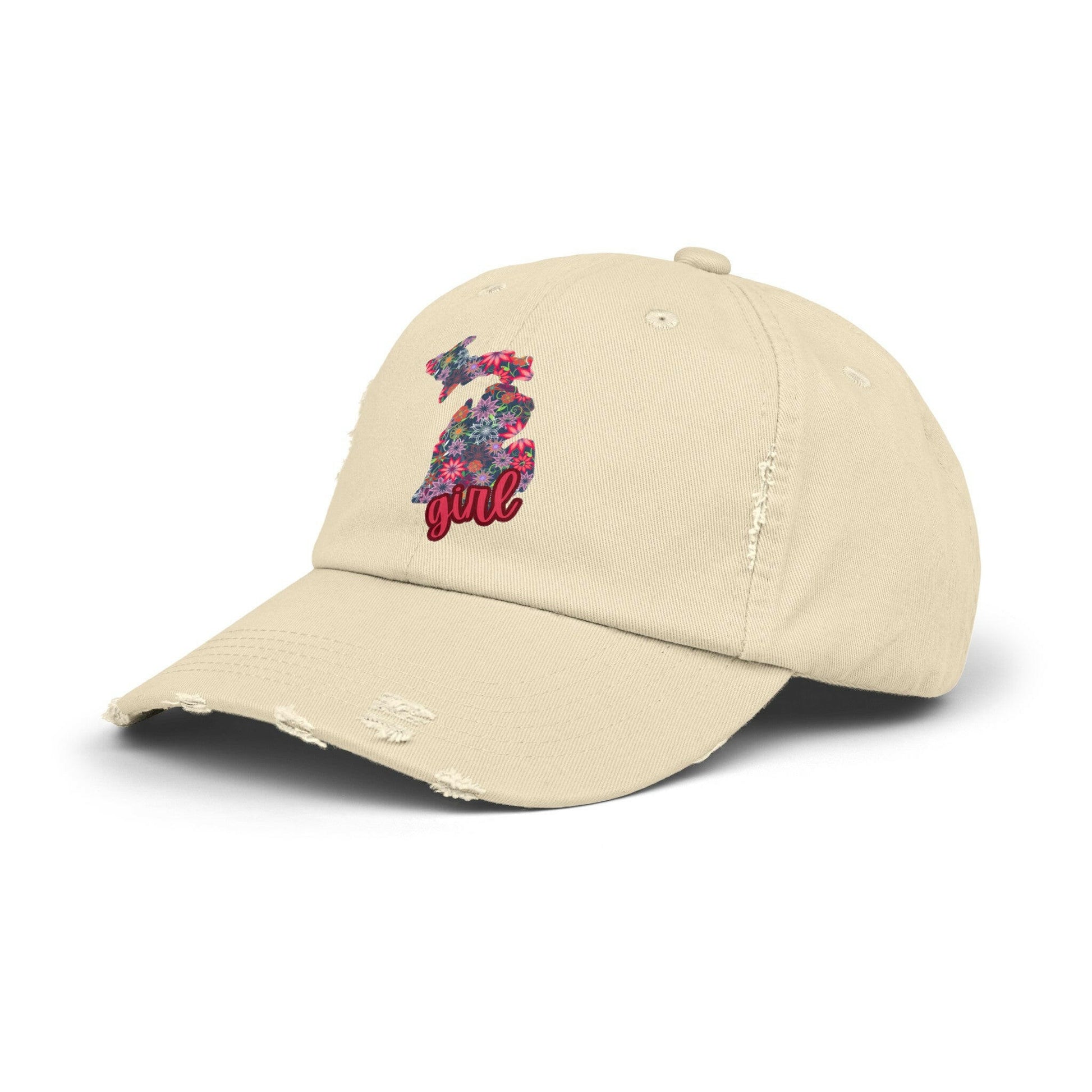 Show off your love for Michigan with this distressed cap adorned with charming florals - a must-have accessory!