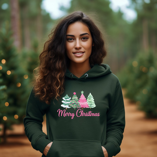 Pink & Green Merry Christmas Tree Hoodie