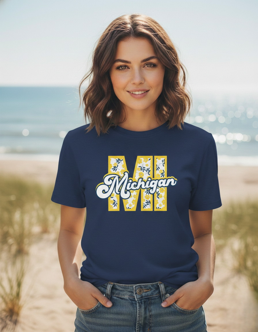 "MI" Plaid Michigan Script Tee