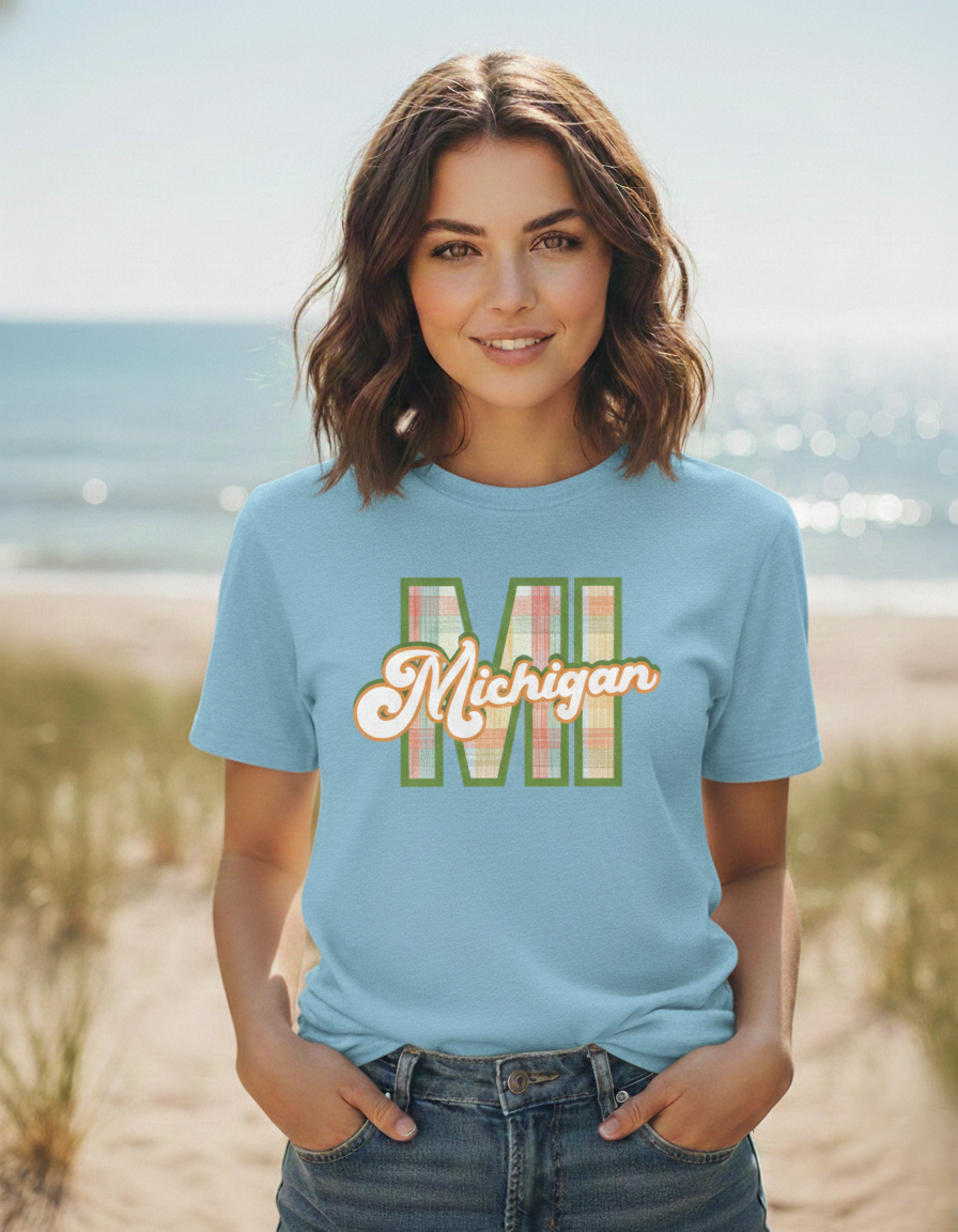 "MI" Plaid Michigan Script Tee