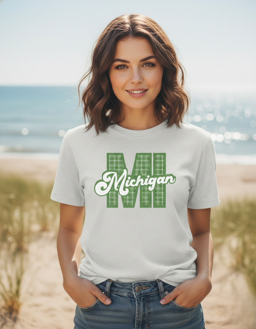 "MI" Plaid Michigan Script Tee