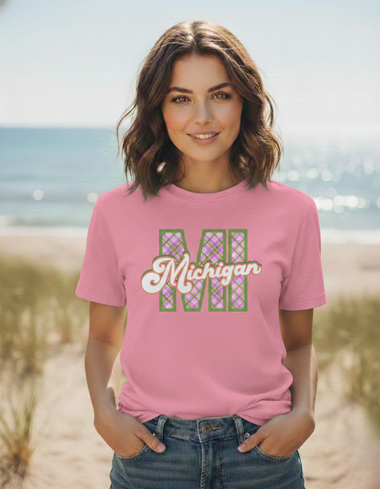 "MI" Plaid Michigan Script Tee