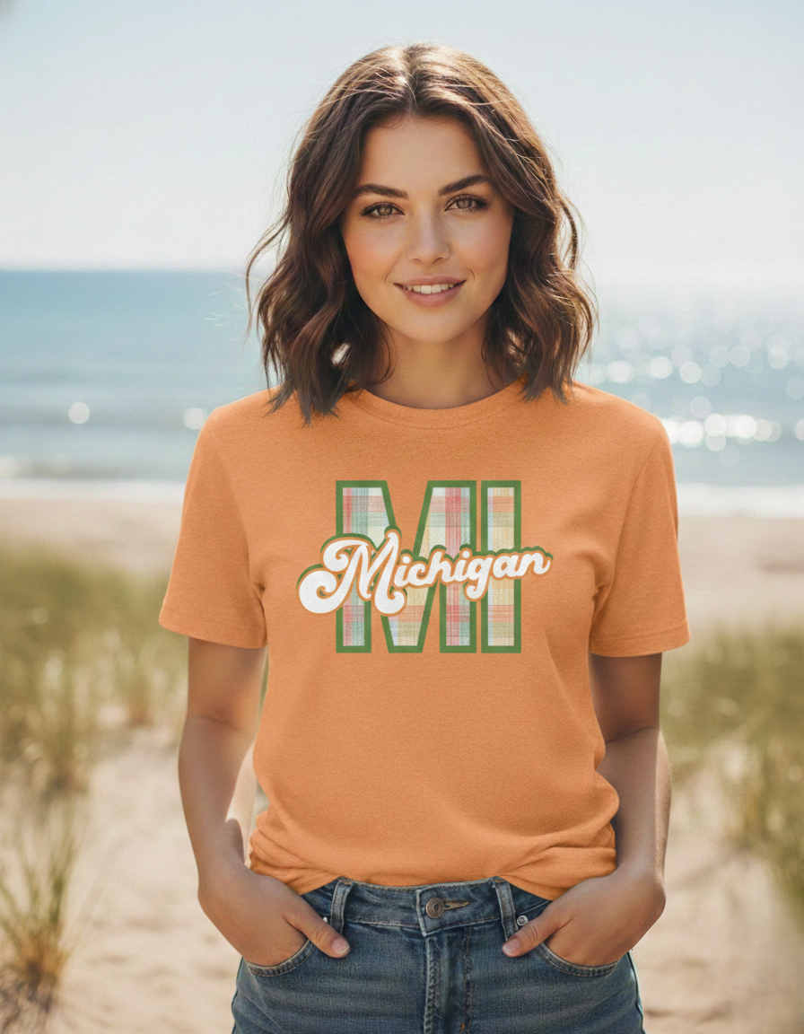"MI" Plaid Michigan Script Tee