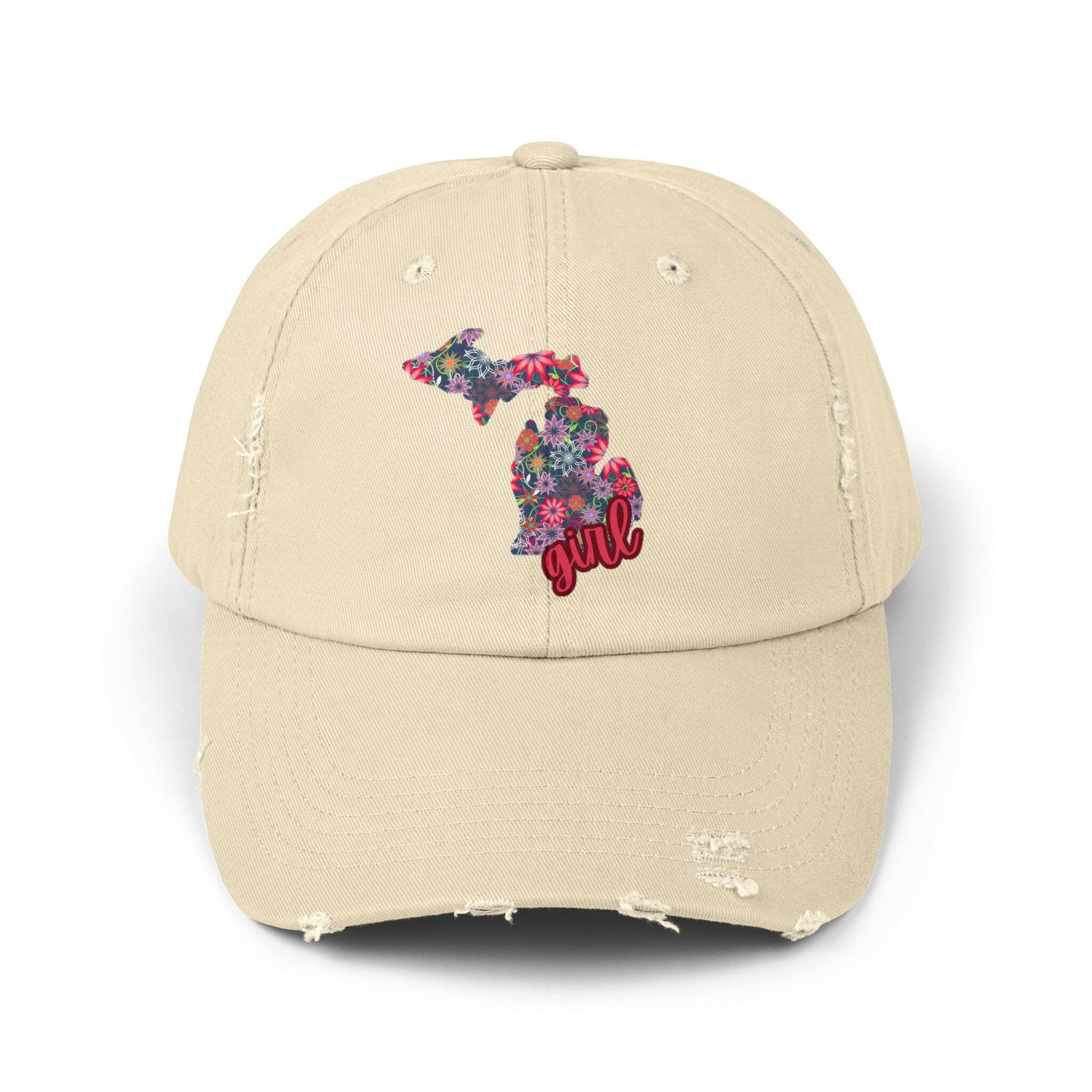 Show off your love for Michigan with this distressed cap adorned with charming florals - a must-have accessory!
