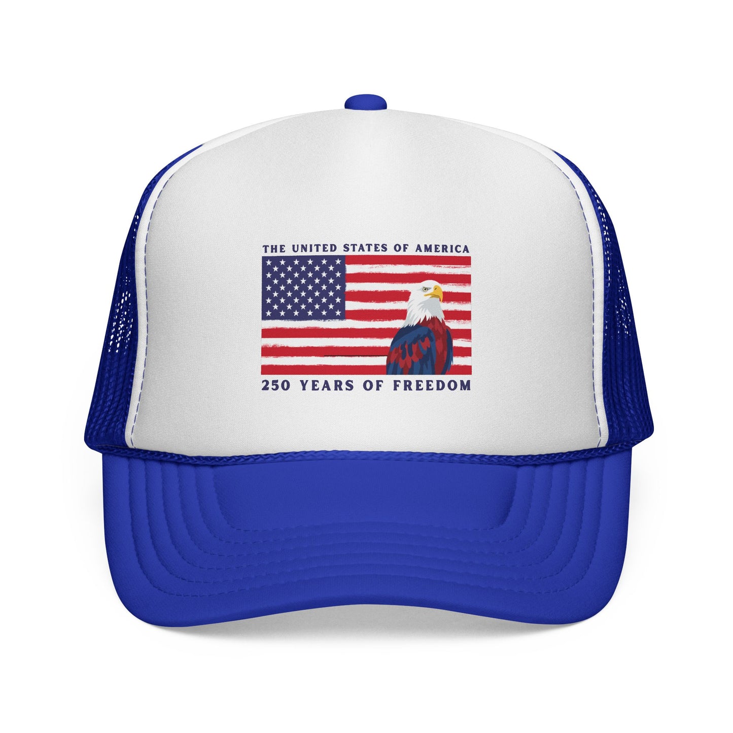 Patriotic Trucker Cap - American Flag & Bald Eagle, "250 Years of Freedom"