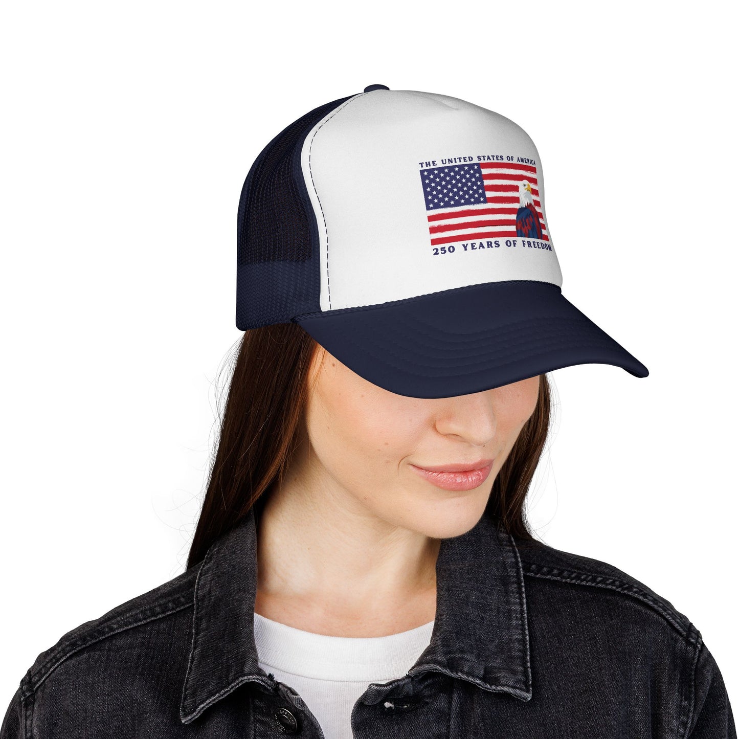 Patriotic Trucker Cap - American Flag & Bald Eagle, "250 Years of Freedom"