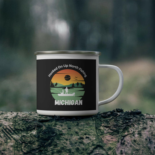 Hooked on Up North Fishing Enamel Mug