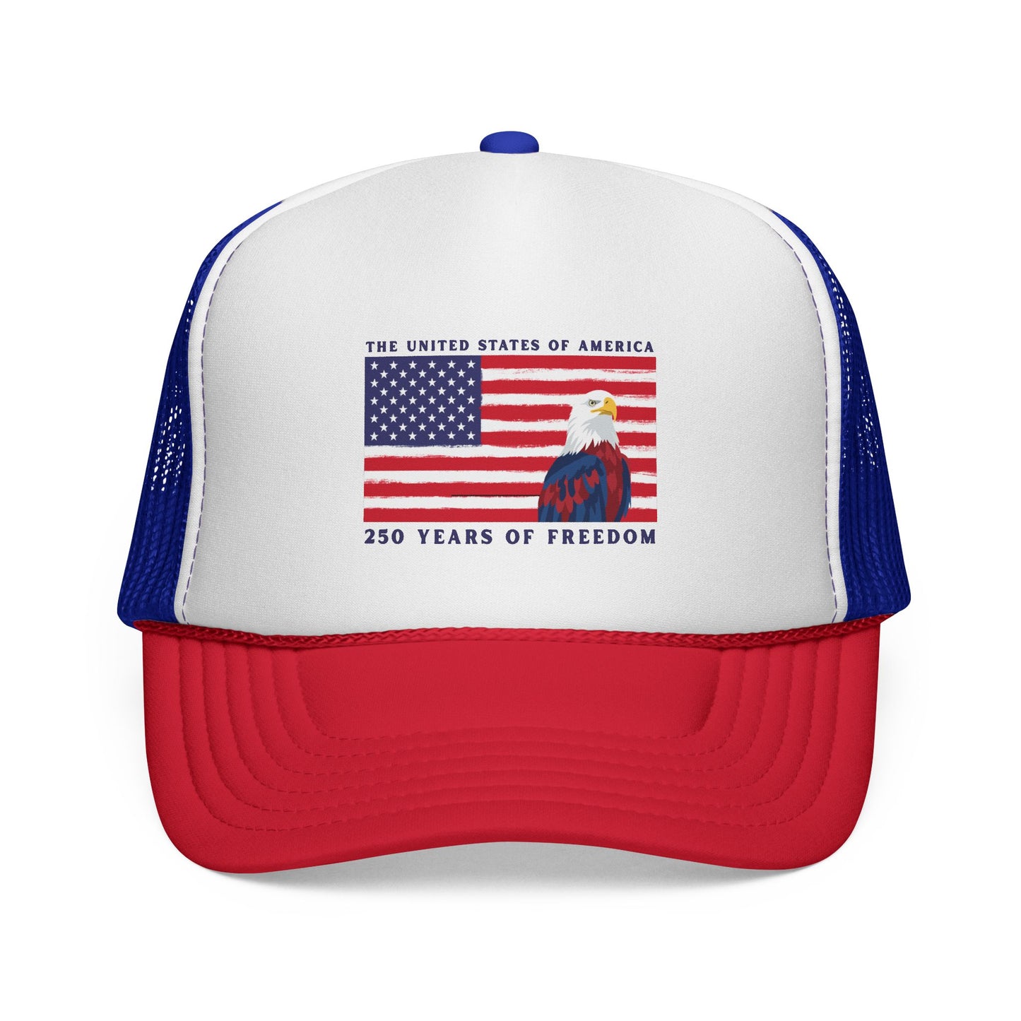 Patriotic Trucker Cap - American Flag & Bald Eagle, "250 Years of Freedom"