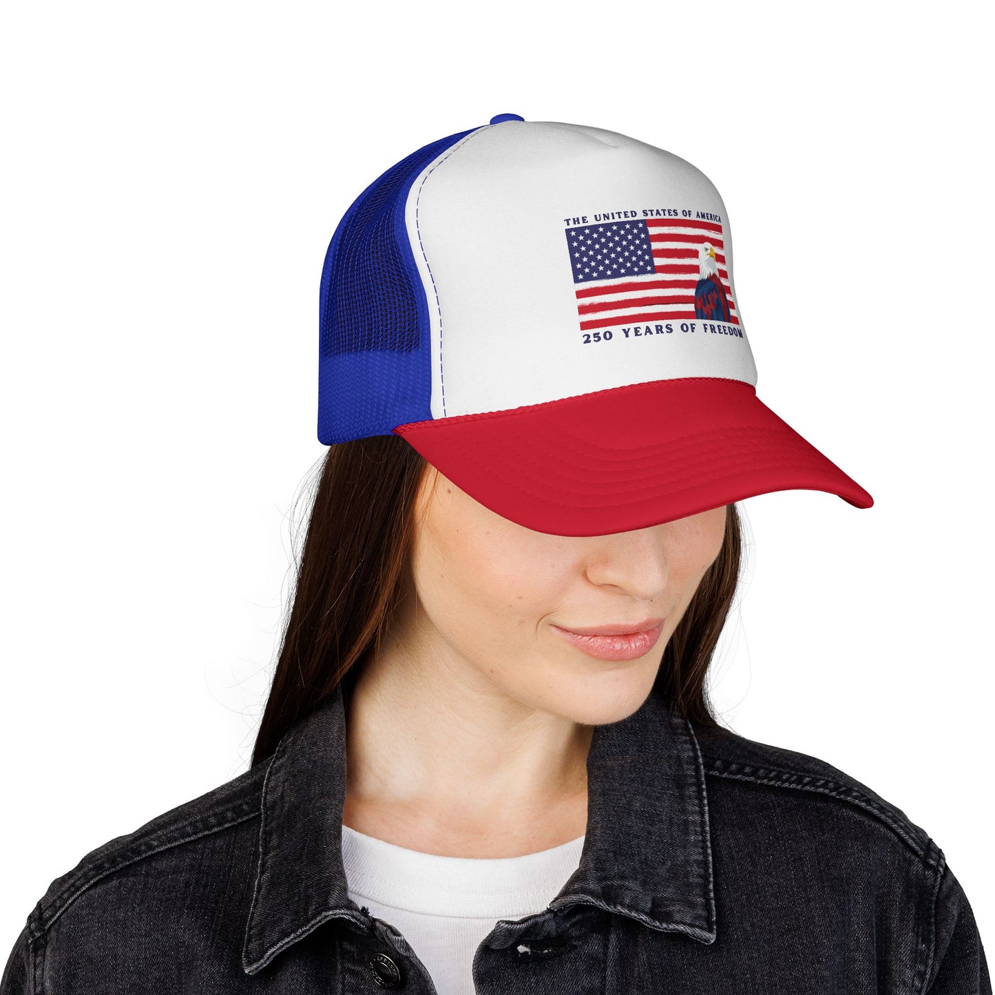 Patriotic Trucker Cap - American Flag & Bald Eagle, "250 Years of Freedom"