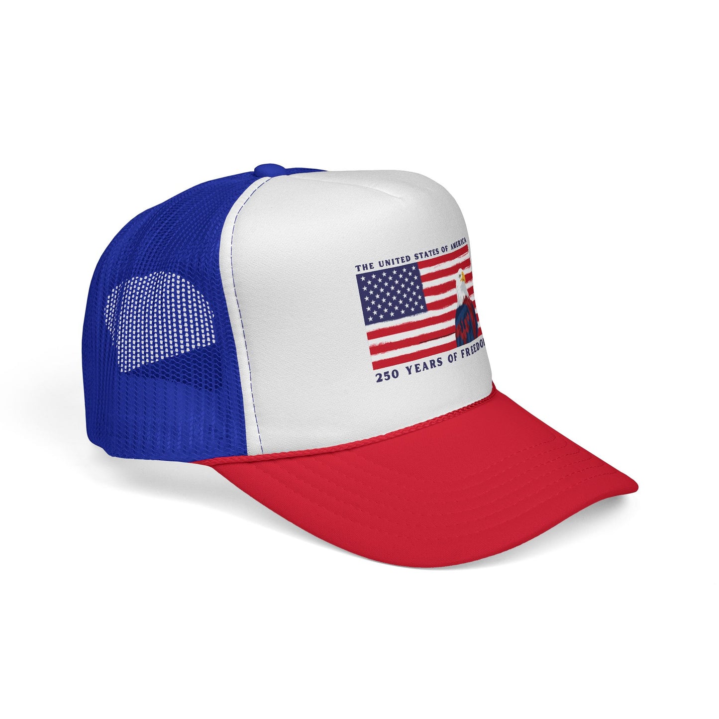 Patriotic Trucker Cap - American Flag & Bald Eagle, "250 Years of Freedom"