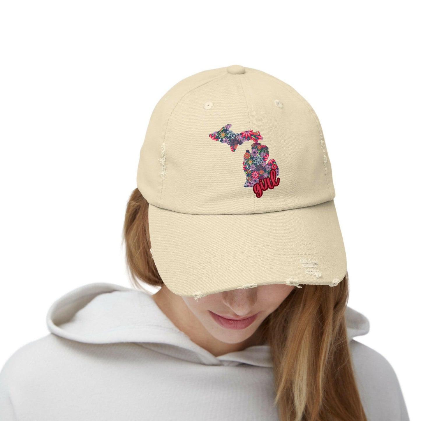 Show off your love for Michigan with this distressed cap adorned with charming florals - a must-have accessory!
